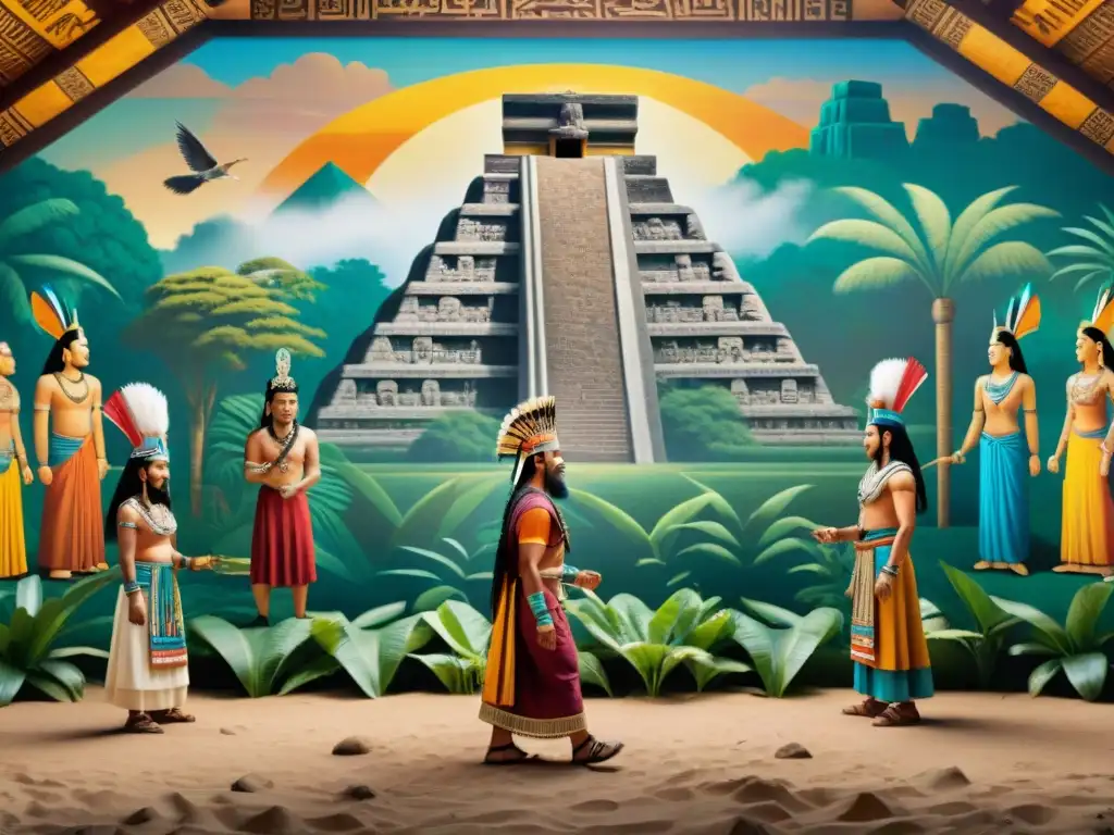 Murales vibrantes: líderes mayas en reunión diplomática, rodeados de jeroglíficos y creencias religiosas