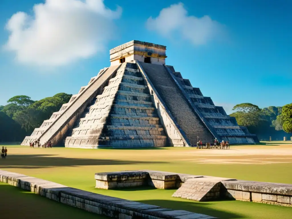 Recreando música, sonidos del mundo maya en Chichen Itza con su pirámide y entorno verde bajo cielo azul