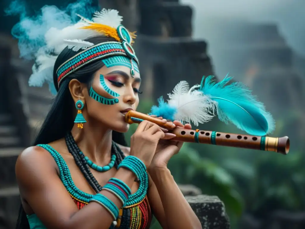 Recreando música, sonidos del mundo Maya: flauta tallada a mano con plumas y glifos Mayas sobre ruinas antiguas envueltas en neblina