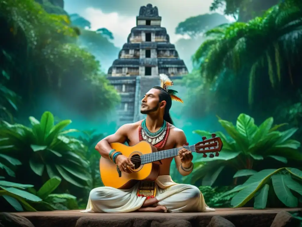 Un músico maya ancestral toca un instrumento tradicional bajo un templo, rodeado de una exuberante jungla