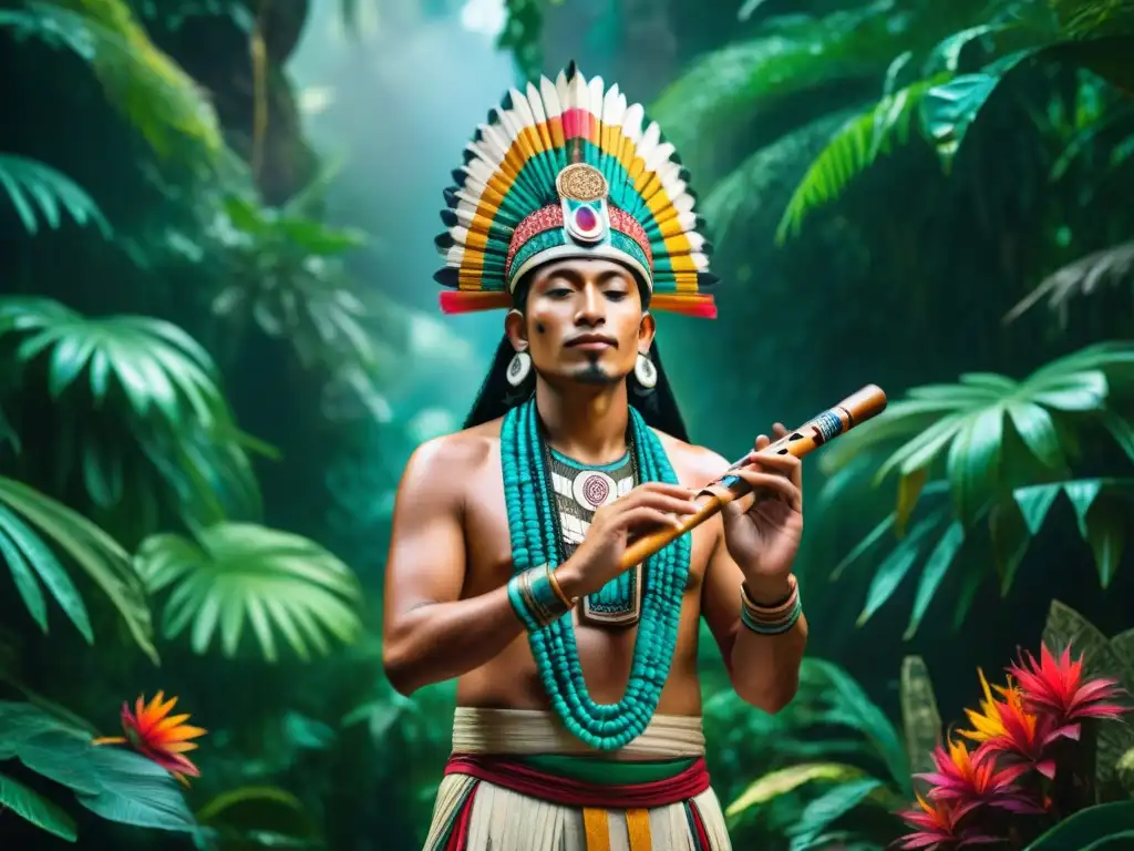 Un músico maya antiguo toca una flauta tallada, rodeado de instrumentos musicales mayas antiguos en la jungla