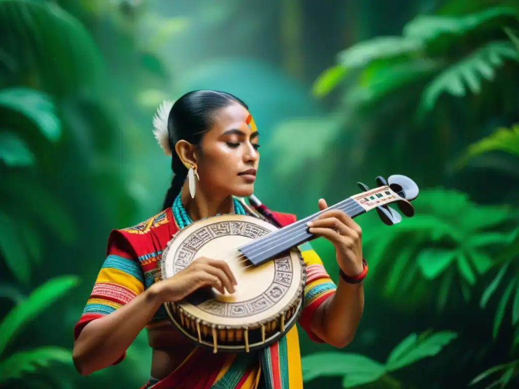 Un músico maya contemporáneo interpreta un instrumento tradicional en la exuberante selva