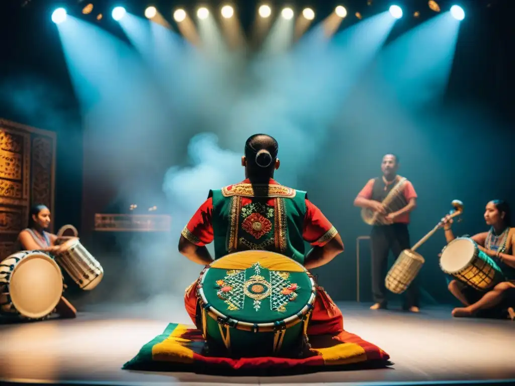 Un músico maya contemporáneo interpreta una melodía hipnótica en un escenario iluminado, rodeado de instrumentos tradicionales