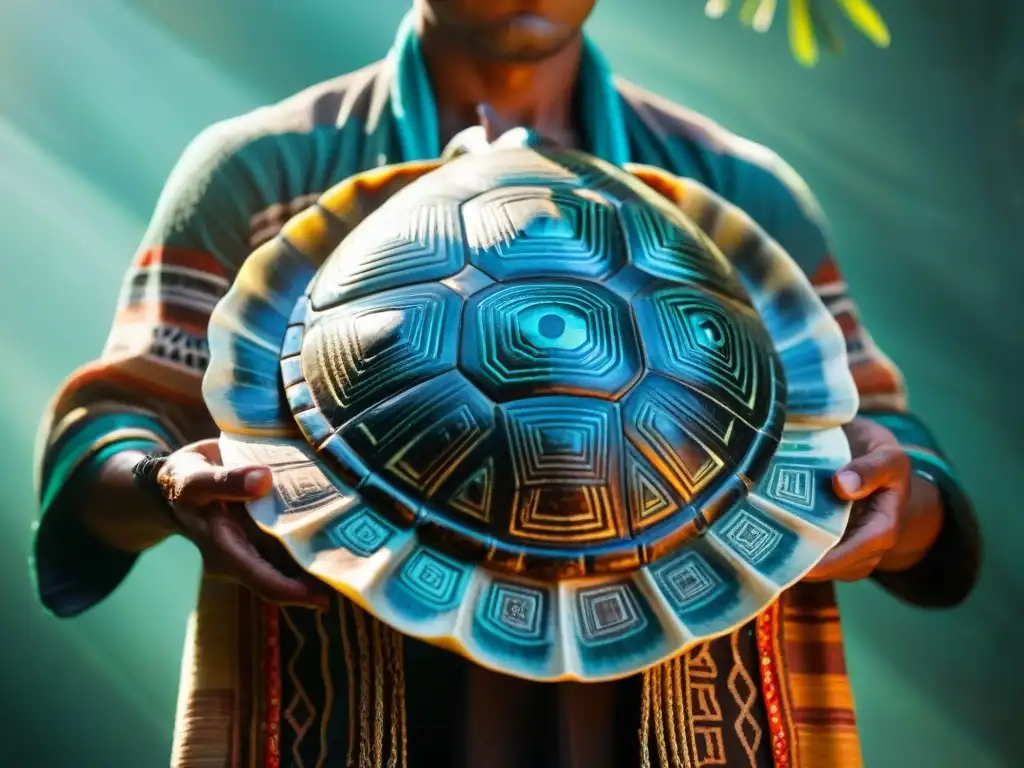 Músico maya muestra detallado caparazón de tortuga al sol, resaltando uso caparazones música maya