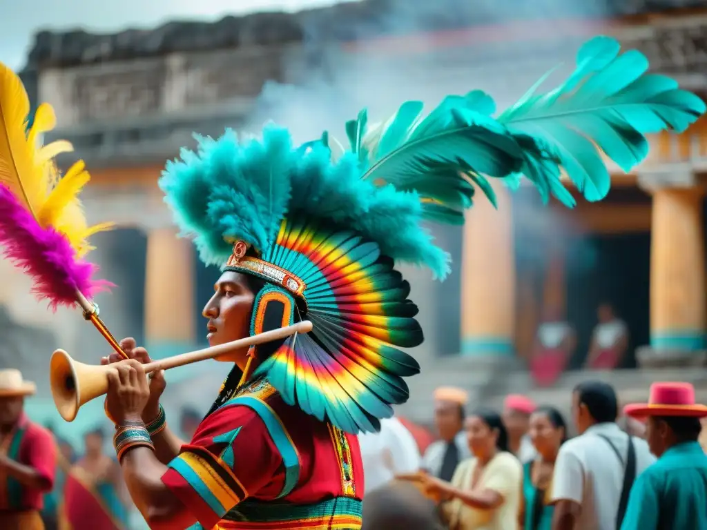 Un músico maya toca un 'tun' en festival cultural, entre ruinas antiguas y multitud