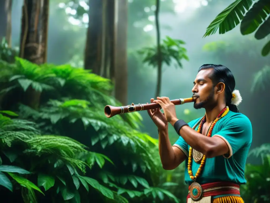 Un músico maya toca una flauta de madera decorada en la selva