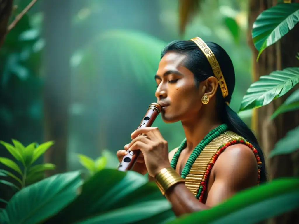 Un músico maya toca una flauta de madera en la selva, con templos antiguos entre la vegetación