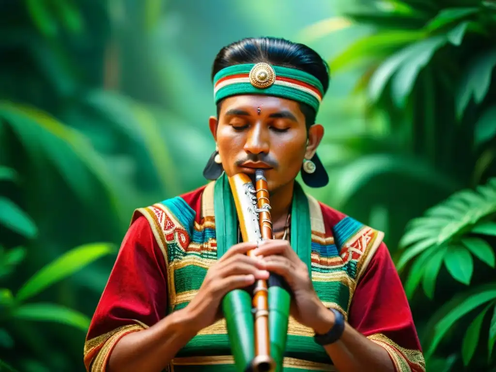 Un músico maya toca una flauta de madera entre ruinas antiguas en la selva