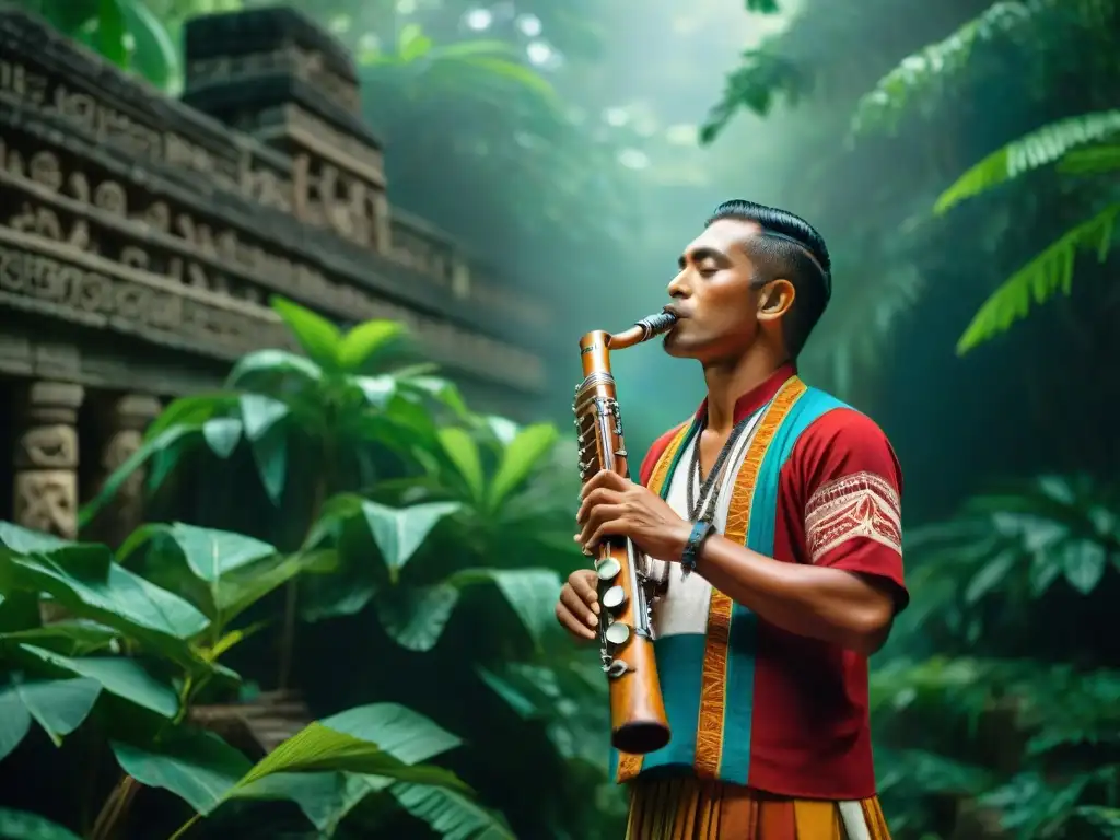 Un músico maya tocando una flauta de madera tradicional en la exuberante jungla, evocando música y sonidos de la civilización maya