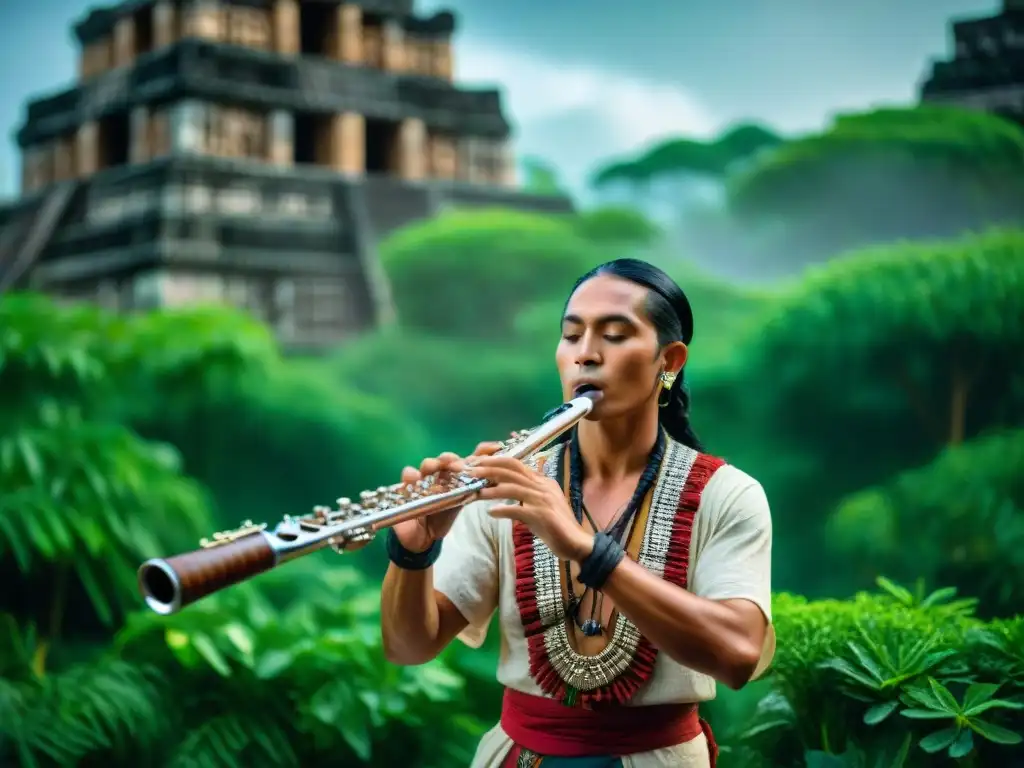 Un músico maya tocando una flauta ornamental entre ruinas antiguas y exuberante vegetación