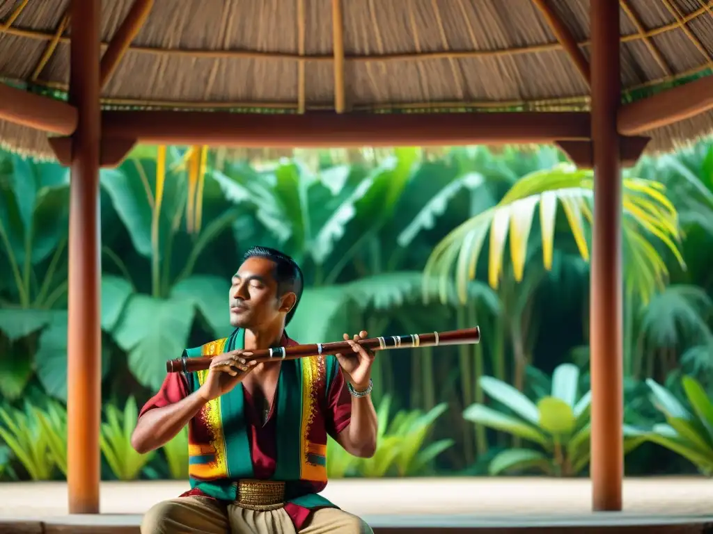 Un músico maya toca una flauta bajo una palapa, rodeado de exuberante vegetación y flores tropicales