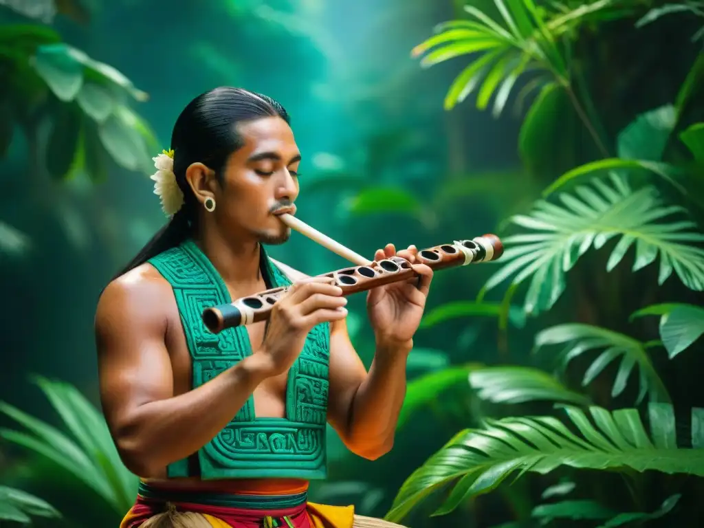 Un músico maya toca una flauta de jade rodeado de símbolos culturales