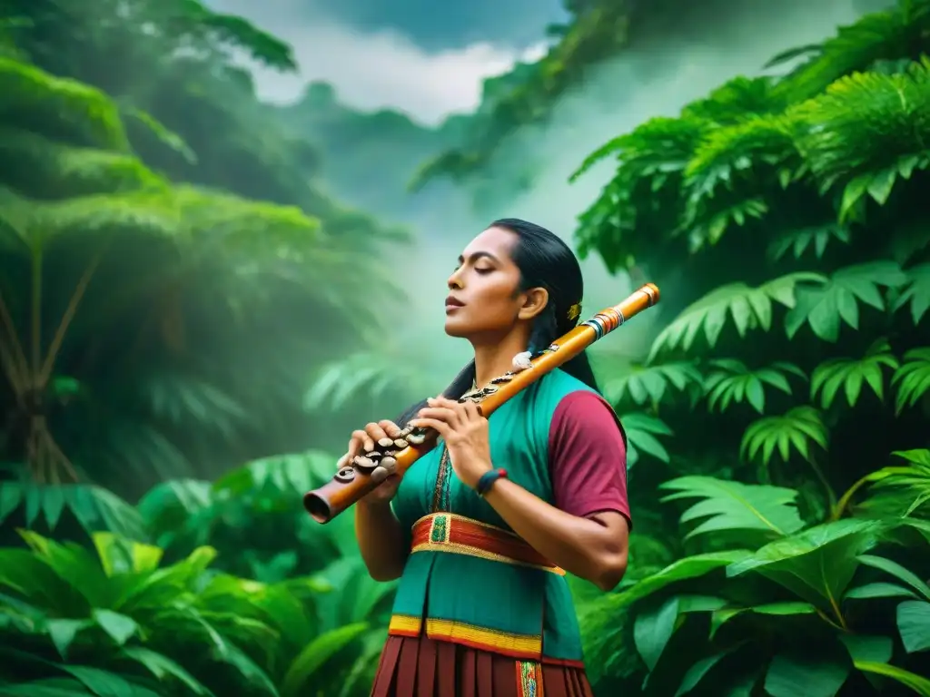 Un músico maya toca una flauta rodeado de exuberante vegetación, inspirando la conexión con los instrumentos musicales mayas