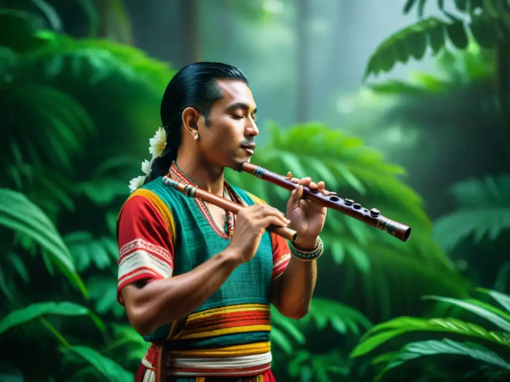 Un músico maya toca una flauta en la selva, destacando la cultura maya y sus instrumentos musicales