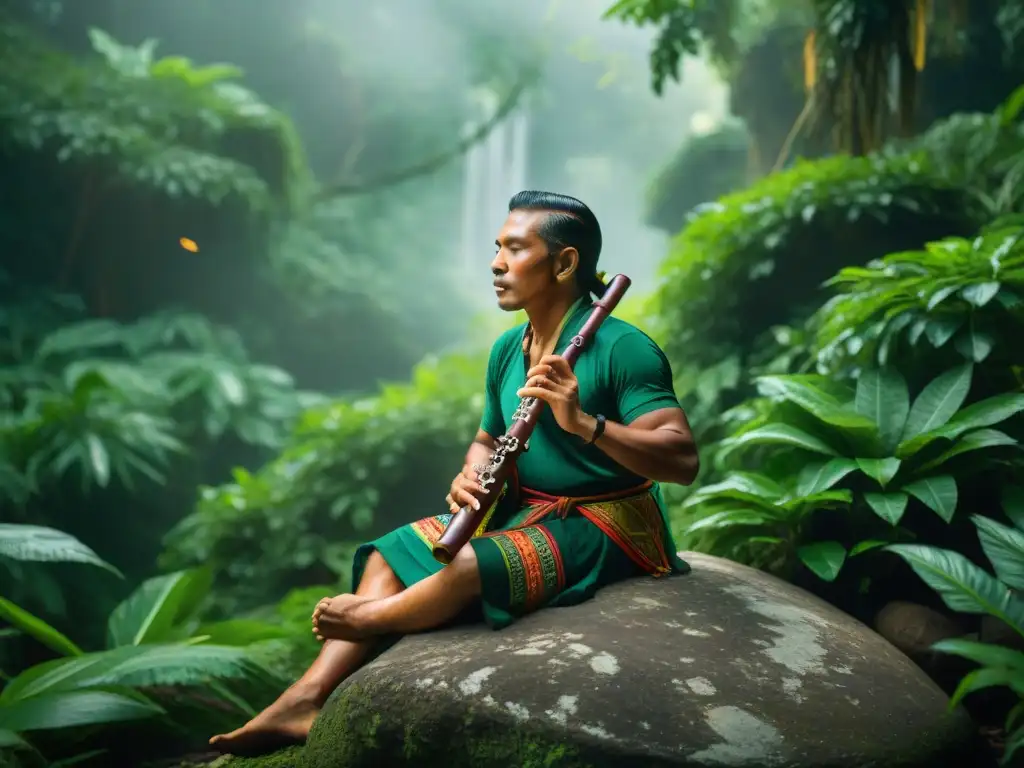 Músico maya tocando flauta en la selva, reflejando la rica herencia cultural