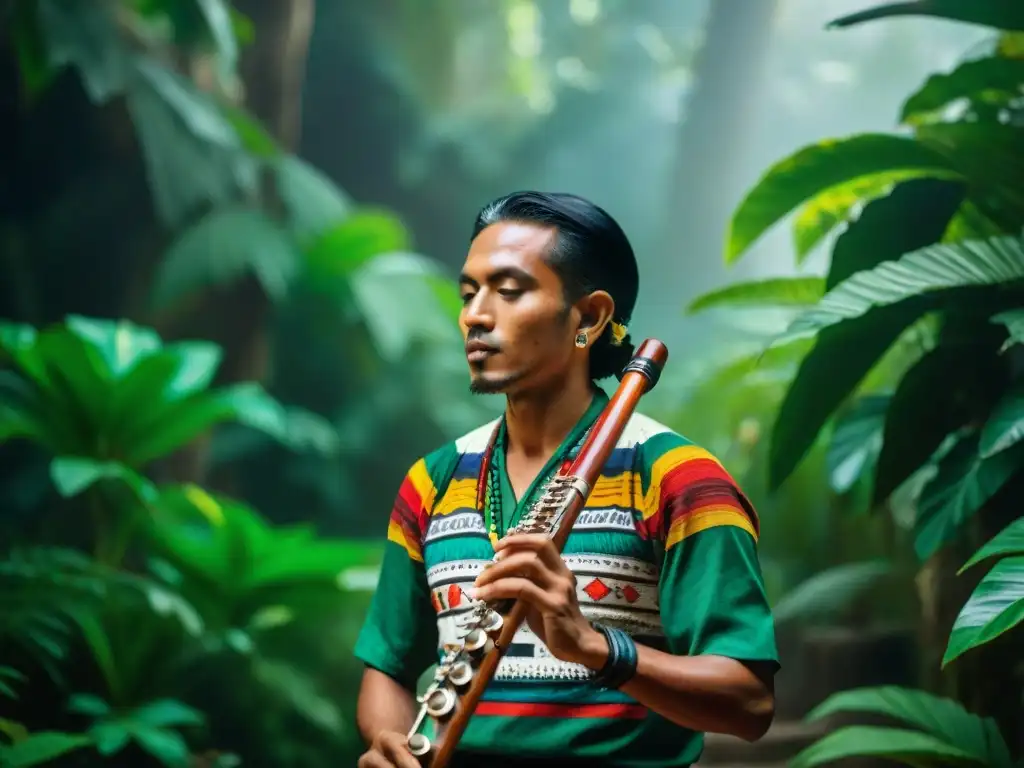 Músico maya tocando flauta en la selva con ruinas antiguas al fondo