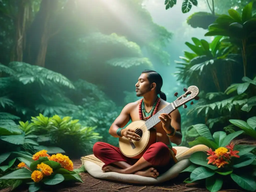 Un músico maya inspirado por la naturaleza, tocando una flauta de jade