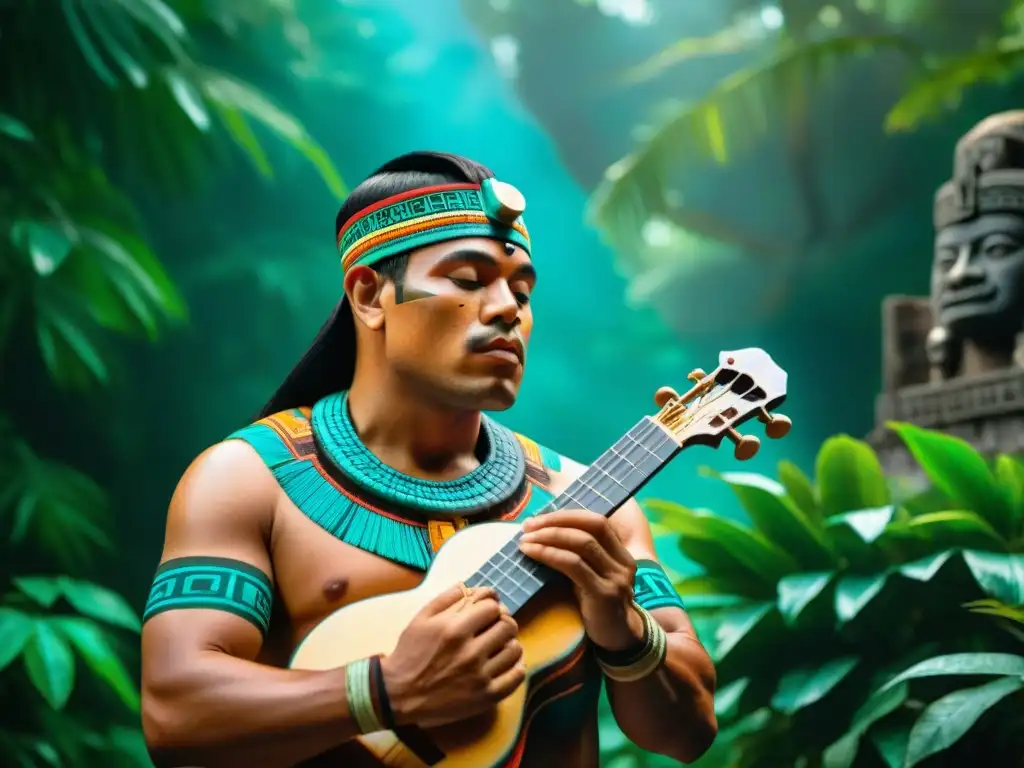 Un músico maya tocando un instrumento olmeca frente a ruinas antiguas y exuberante vegetación