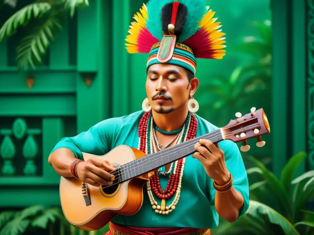 Un músico maya toca un instrumento olmeca rodeado de símbolos, en un escenario de selva