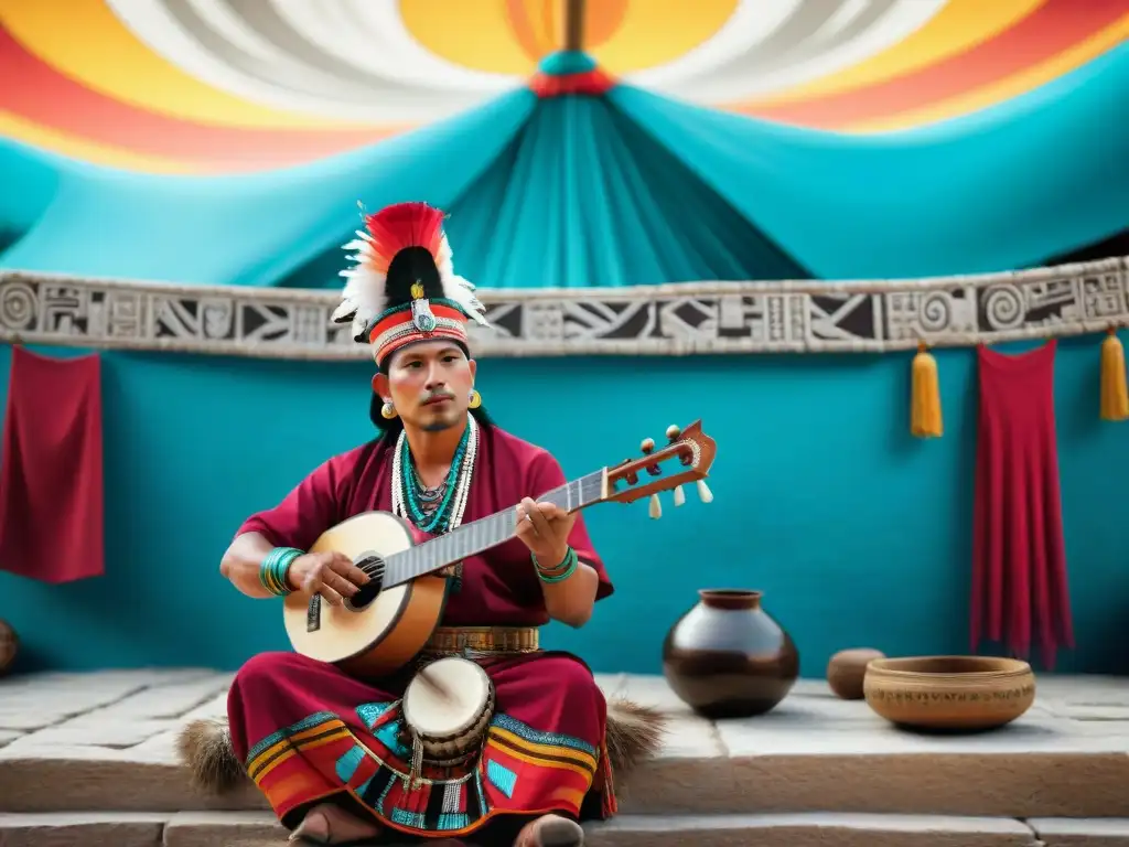 Un músico maya toca un instrumento olmeca en un mercado vibrante