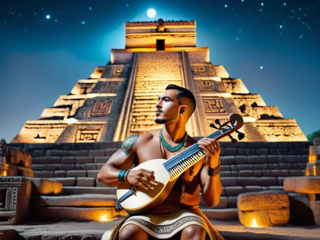 Músico maya tocando instrumento tradicional bajo estrellado cielo, rodeado de ruinas iluminadas, evocando sonidos ancestrales civilización maya