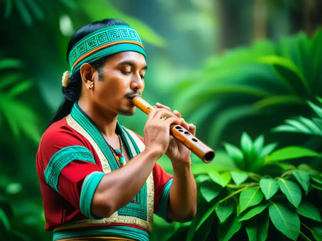 Un músico maya en la selva, tocando una flauta de madera