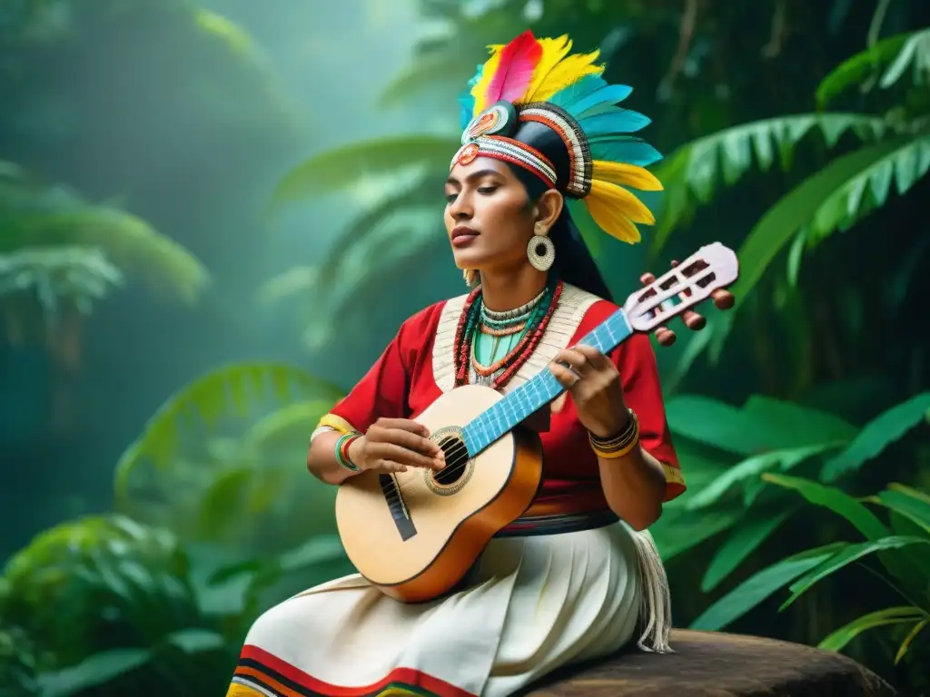 Un músico maya toca un 'tun' tallado con plumas, inmerso en la selva