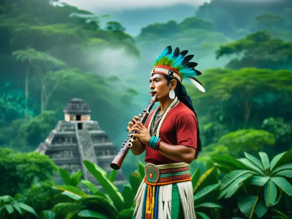 Un músico maya tradicional toca una flauta decorada en la jungla, representando la influencia de la música maya contemporánea