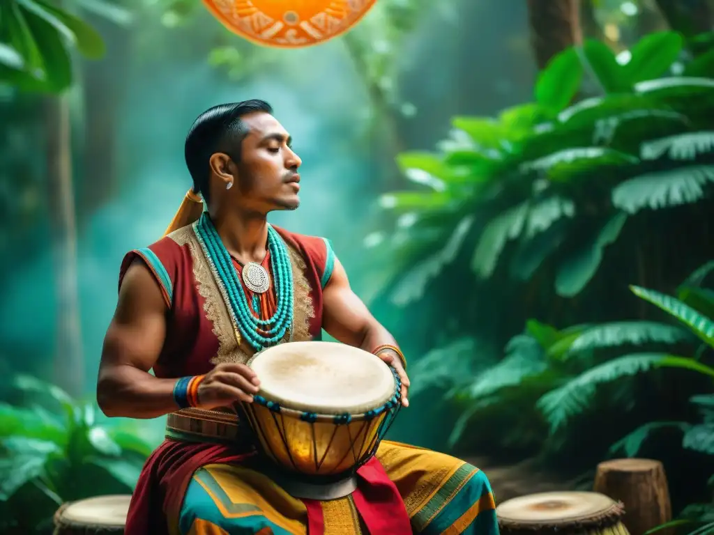 Un músico maya tradicional toca un tambor bellamente decorado en la exuberante jungla al atardecer