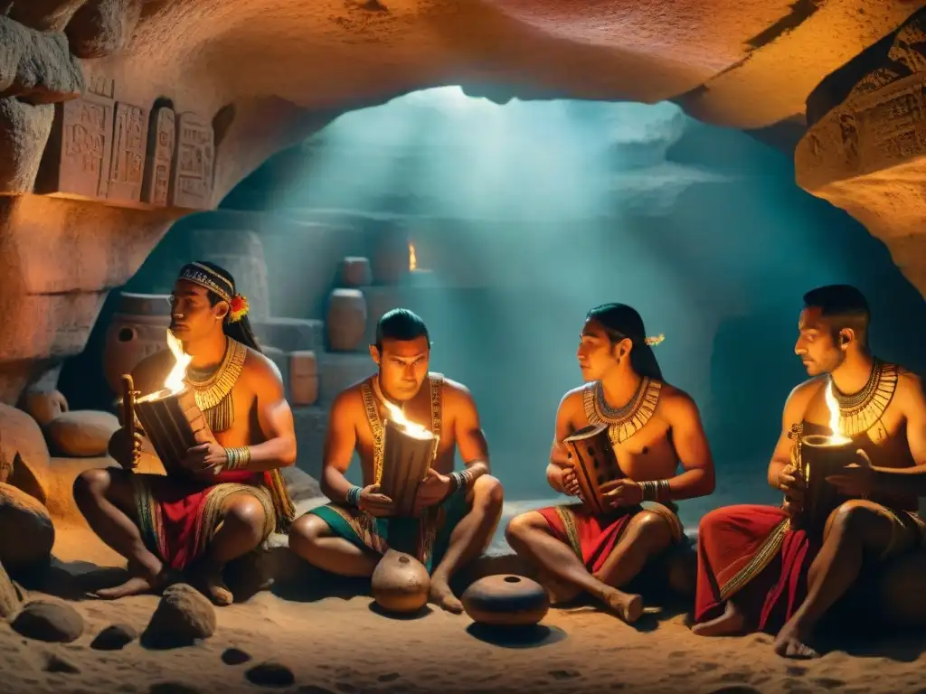 Músicos mayas en cueva iluminada, recreando música maya auténtica con ocarinas, tambores y flautas de madera