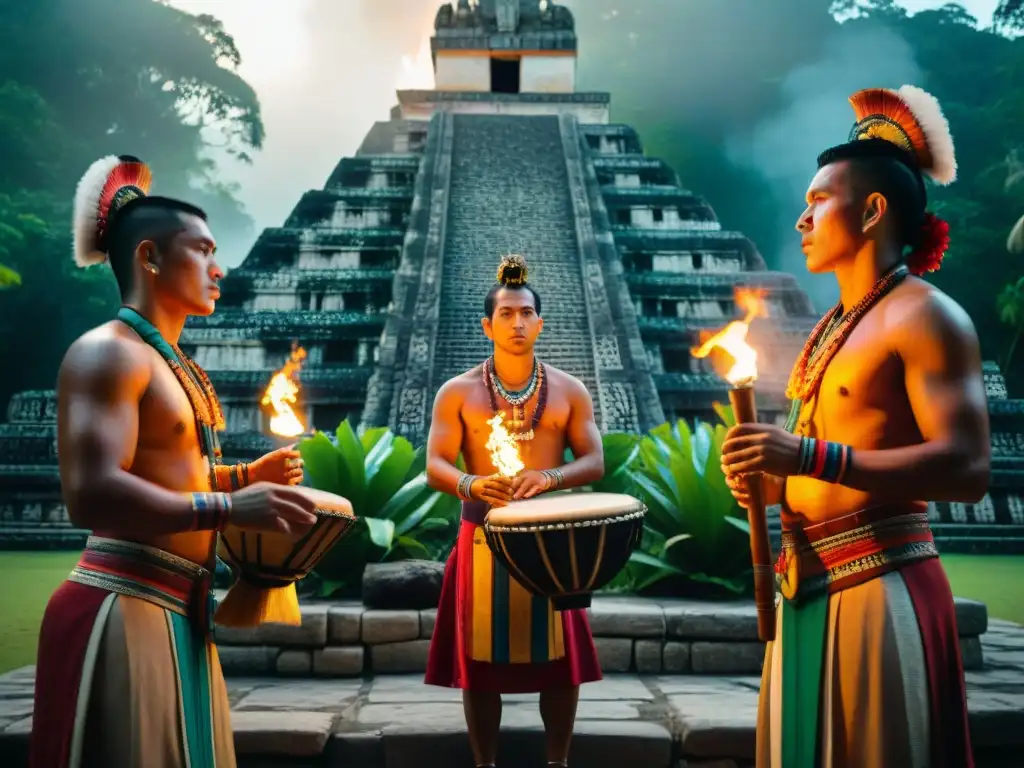 Músicos mayas tocan instrumentos antiguos en ceremonia frente a templo ornado