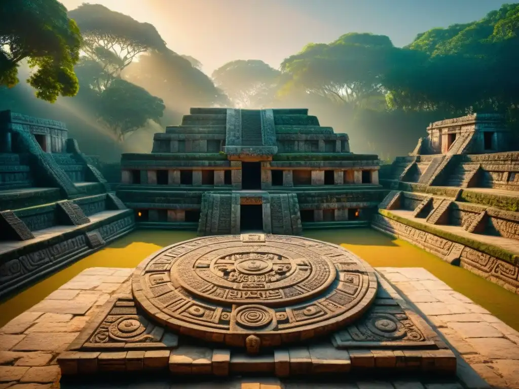 Narrativa sagrada juegos mayas: Detalle de la antigua cancha maya rodeada de vegetación exuberante bajo la luz dorada del atardecer