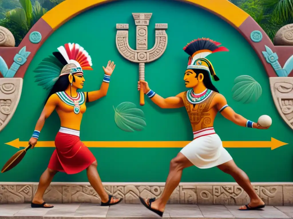 Narrativa sagrada de los juegos mayas: mural vibrante de jugadores de pelota maya en un juego feroz, rodeados de símbolos y jeroglíficos intrincados