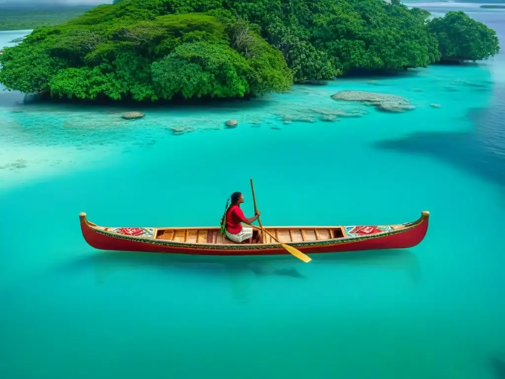 Navegación ancestral en el Caribe: canoa maya detallada en aguas turquesas, decorada con textiles y tallados, guiada por las estrellas