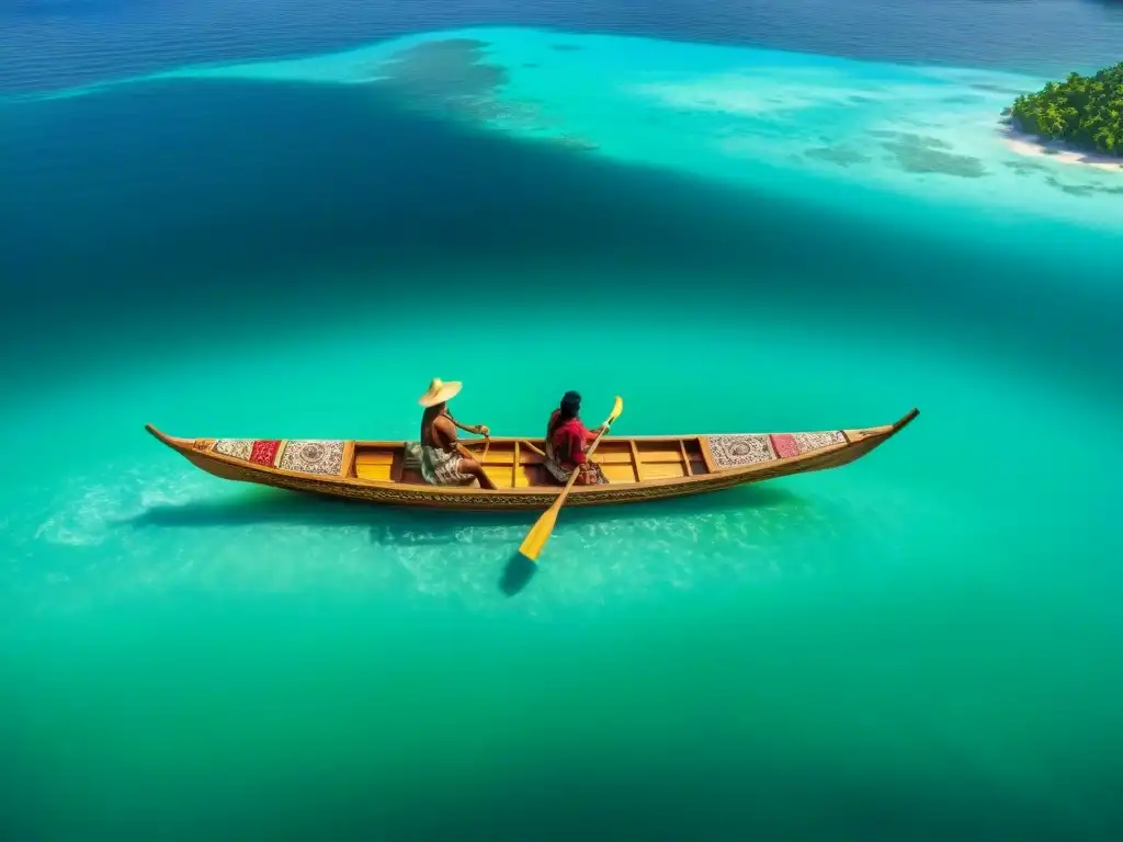 Navegación maya en el Caribe: Canoa tradicional con símbolos mayas, manejada por indígenas en trajes coloridos, rodeada de islas tropicales