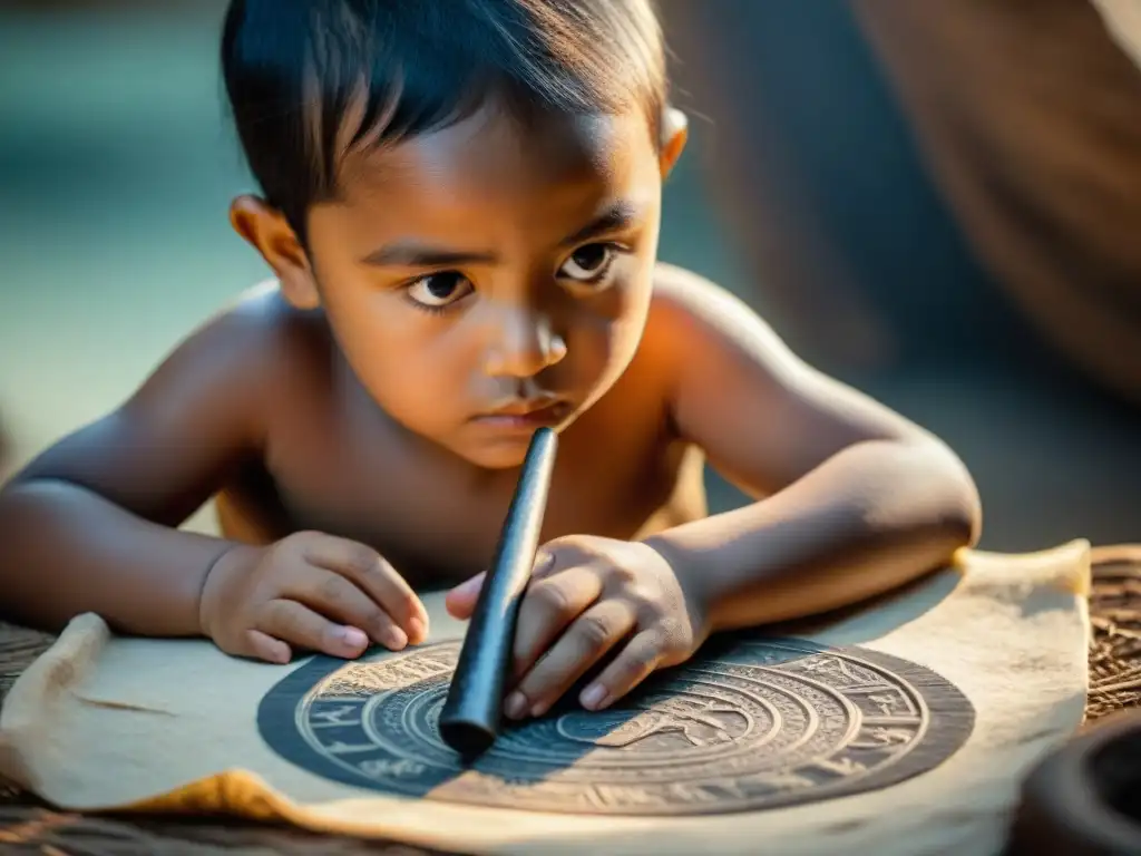 Un niño maya graba símbolos con una herramienta de obsidiana, en una escena iluminada por luz natural