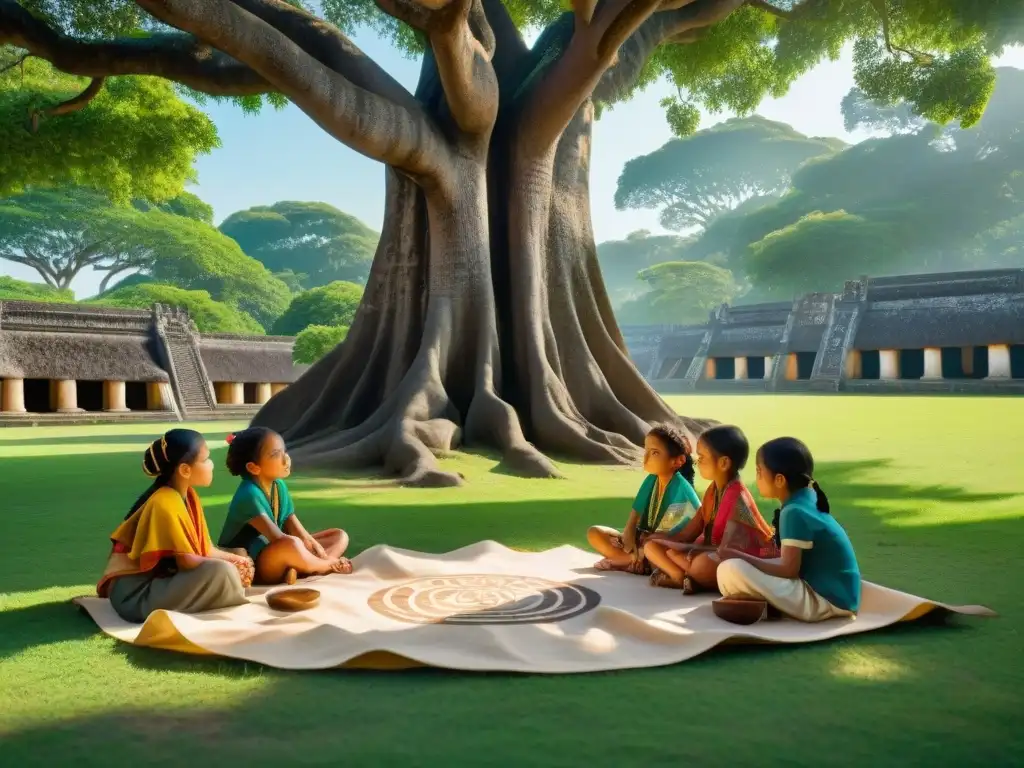 Niños escribiendo antiguos jeroglíficos mayas bajo un árbol Ceiba