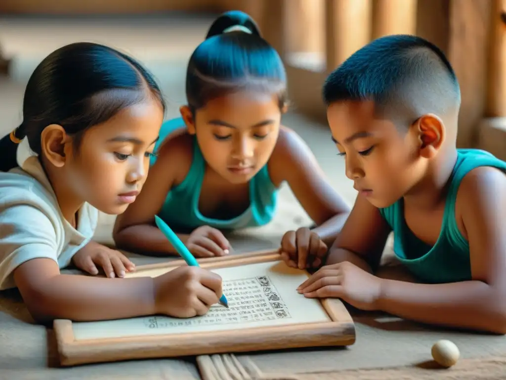 Niños aprendiendo escritura maya en aula rústica, concentrados y emocionados