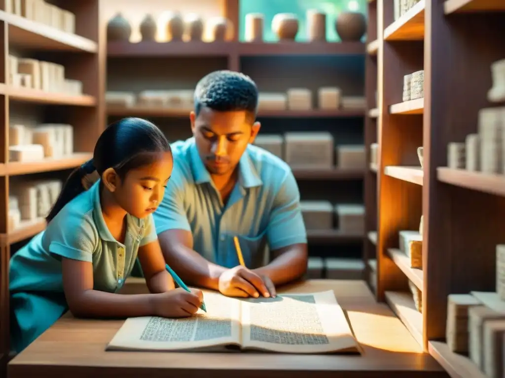 Niños practicando la escritura maya bajo la guía de un anciano sabio en un entorno lleno de historia y sabiduría