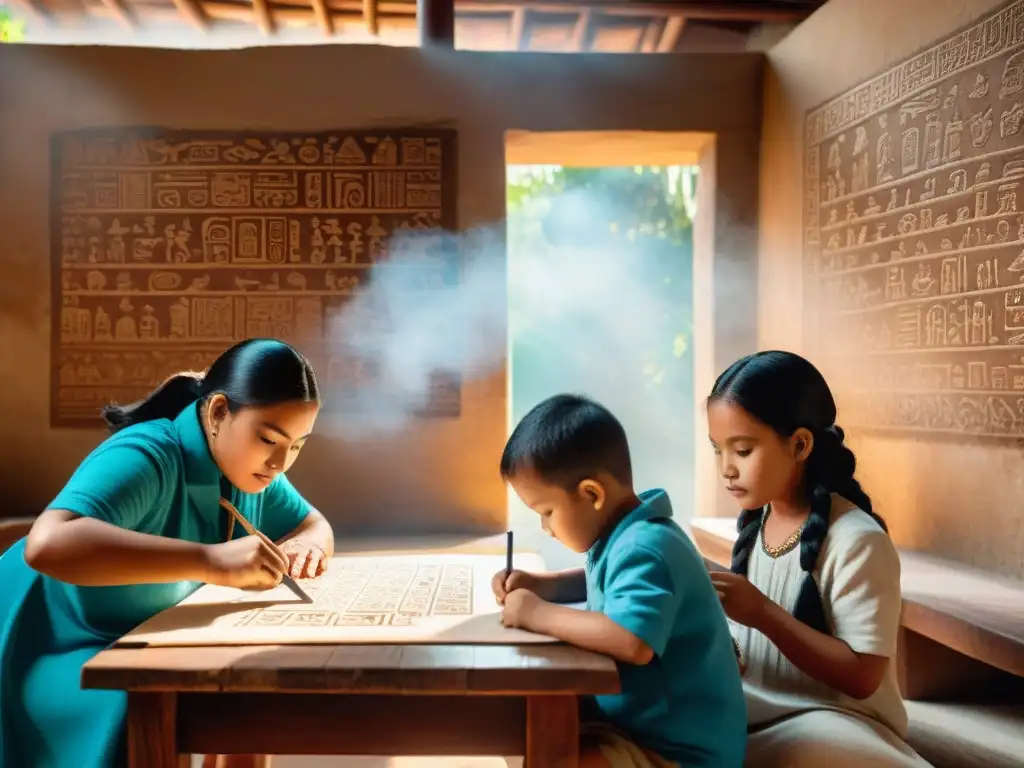 Niños aprendiendo Escritura maya en taller detallado con decoración tradicional y luz cálida