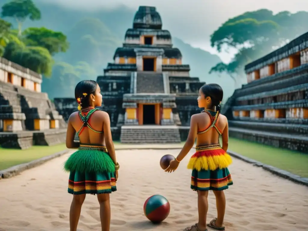 Niños mayas juegan un ancestral juego de pelota en un vibrante campo, destacando la educación infantil en civilización maya