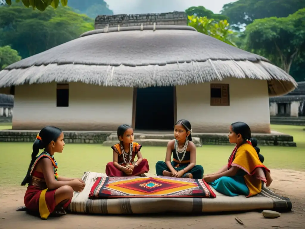 Niños mayas tejiendo bajo un Ceiba sagrado, escuchando historias de sus ancestros, rodeados de cultura y conciencia cultural Maya educación