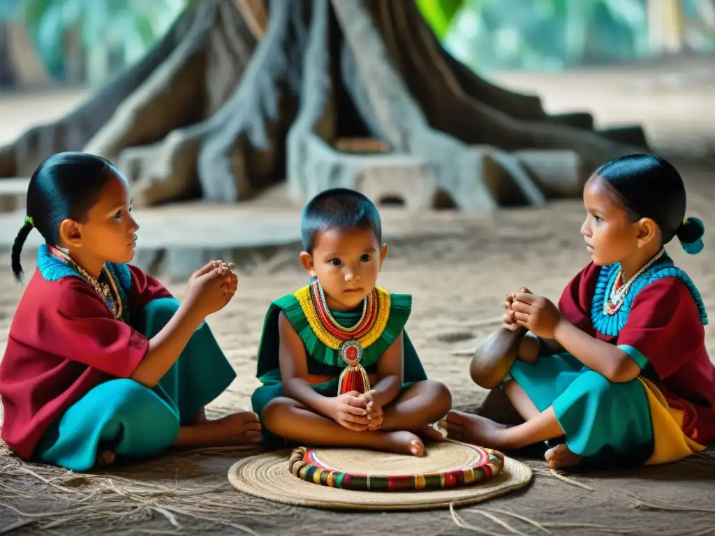 Niños mayas juegan en círculo bajo un árbol, concentrados en un juego tradicional