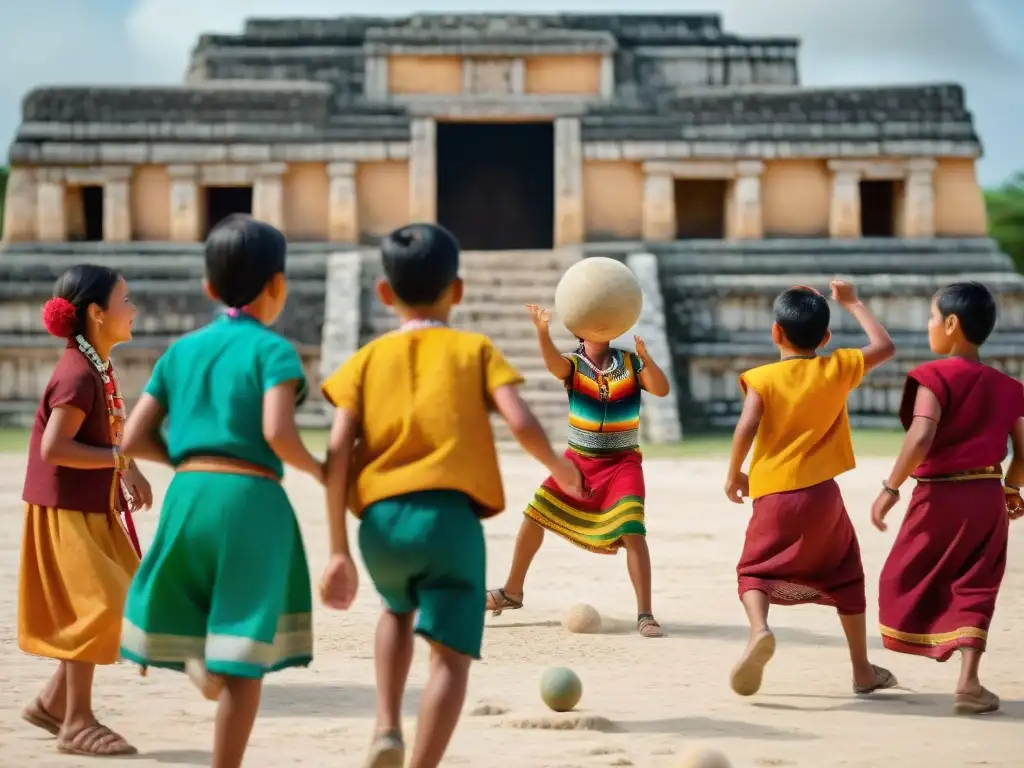 Niños mayas juegan entusiastas un juego de pelota tradicional bajo el sol yucateco