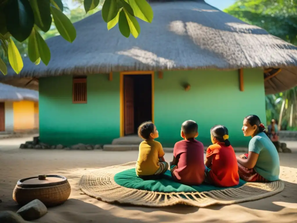 Niños mayas escuchando historias bajo ceiba: roles familiares en la civilización maya