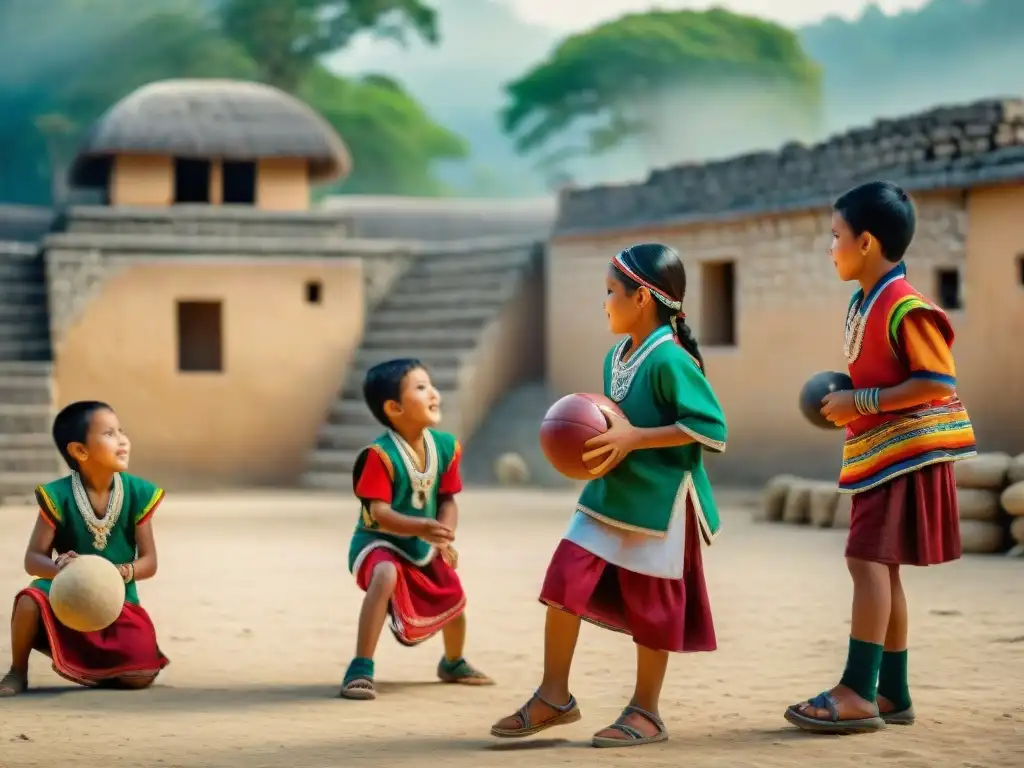 Niños mayas juegan un juego de pelota tradicional en una plaza polvorienta, rodeados de ruinas antiguas y vegetación verde