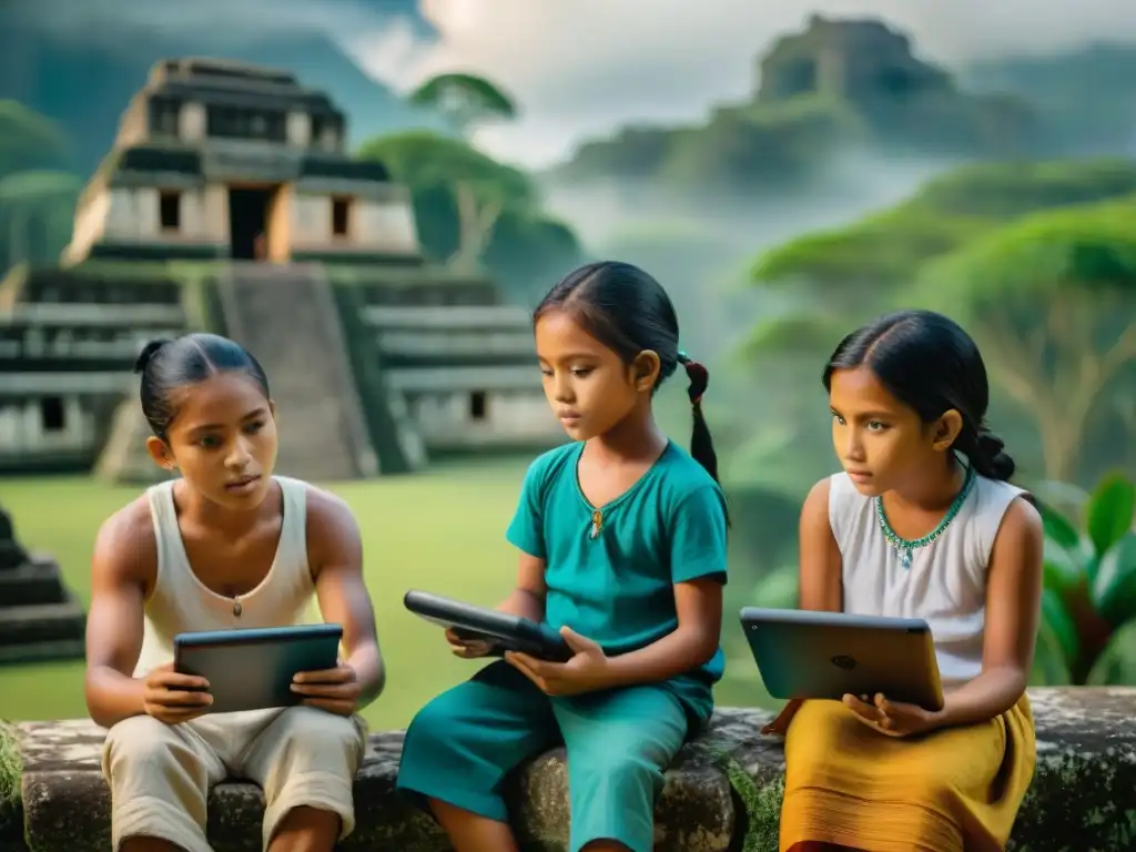 Niños mayas disfrutan de videojuegos educativos sobre civilización maya entre ruinas antiguas y selva exuberante