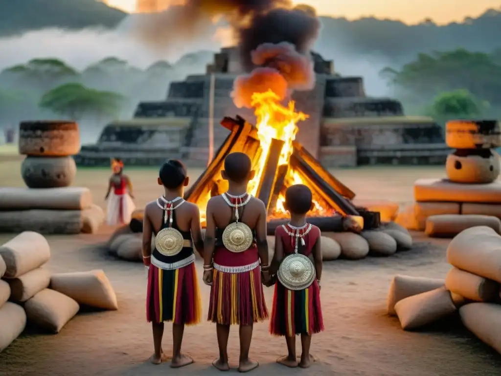 Niños en sacrificios mayas inocencia: Grupo de niños mayas en atuendo ceremonial alrededor de una fogata en ruinas místicas