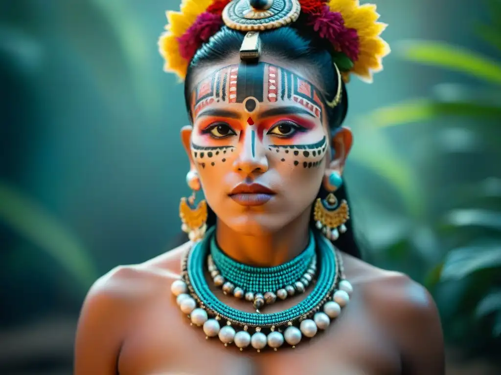 Una noble maya con adornos faciales detallados, destacando la importancia cultural del arte corporal en civilización maya