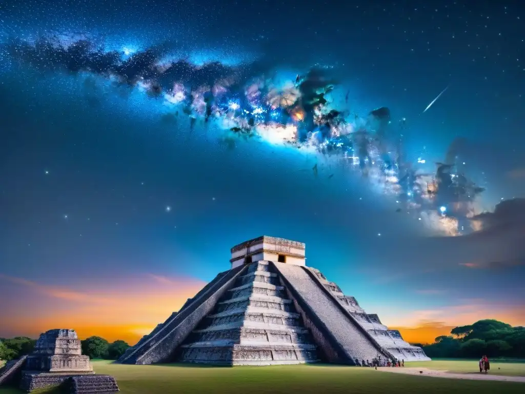 Una noche estrellada sobre antiguas ruinas mayas, mostrando el sistema estelar único de la civilización maya